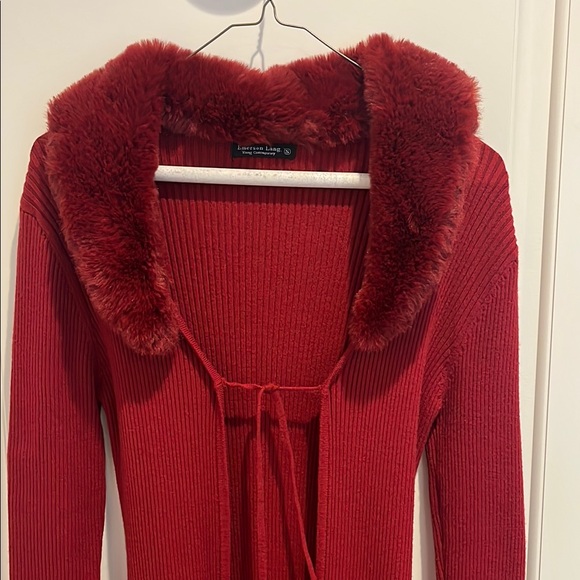 Red Ribbed Knit Duster Jacket  with Faux Fur Collar - Picture 3 of 6